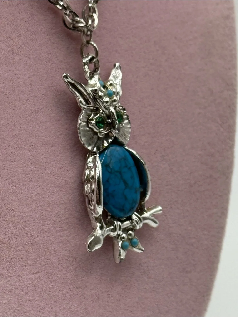 Silver tone Owl Pendant Necklace with Blue Stone